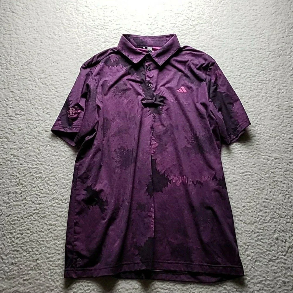 Adidas Golf Polo Shirt Mens L Purple Graphic Heritage Club Logo Knit Top